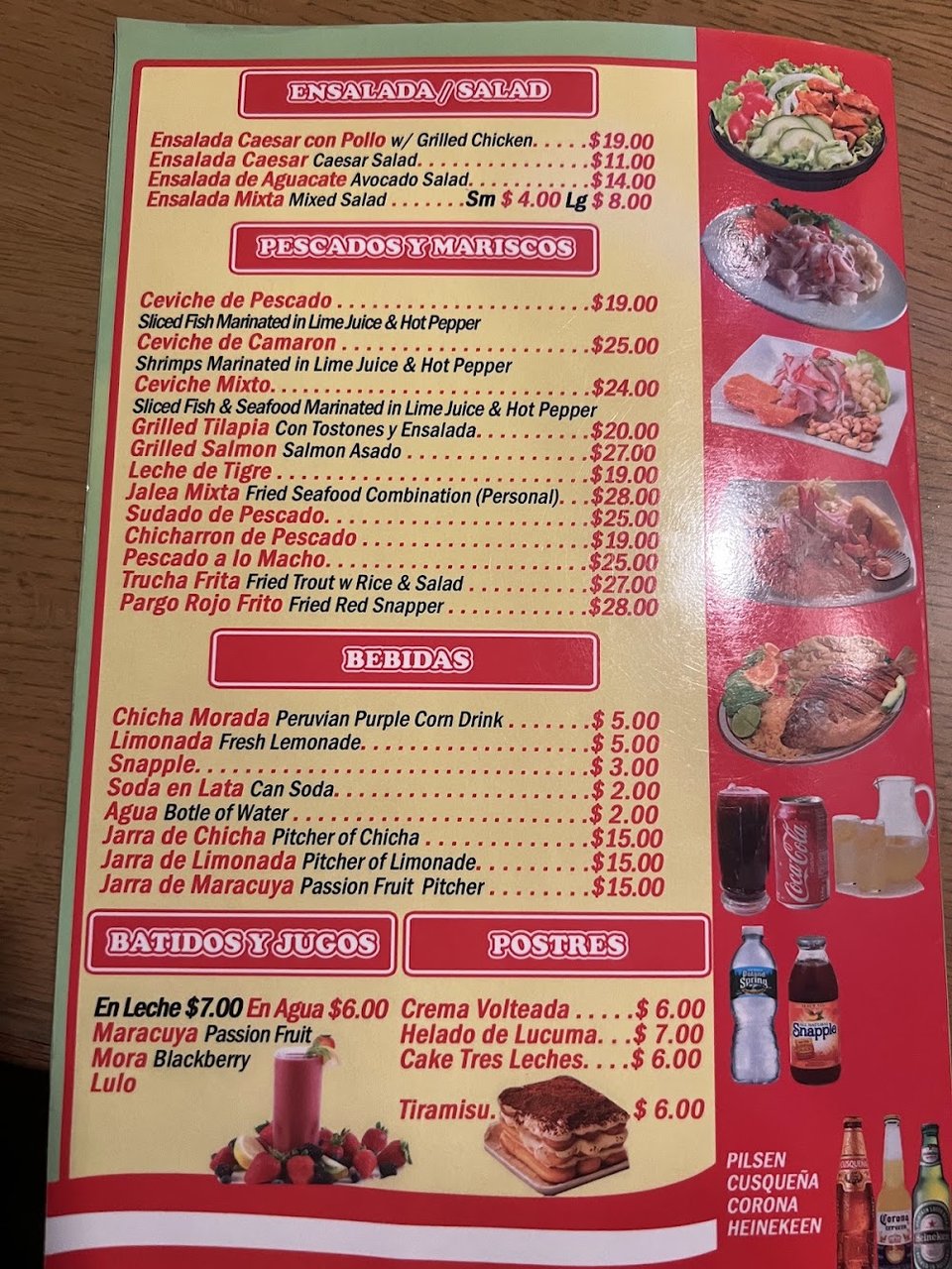 Menu page with Peruvian dishes and drinks.