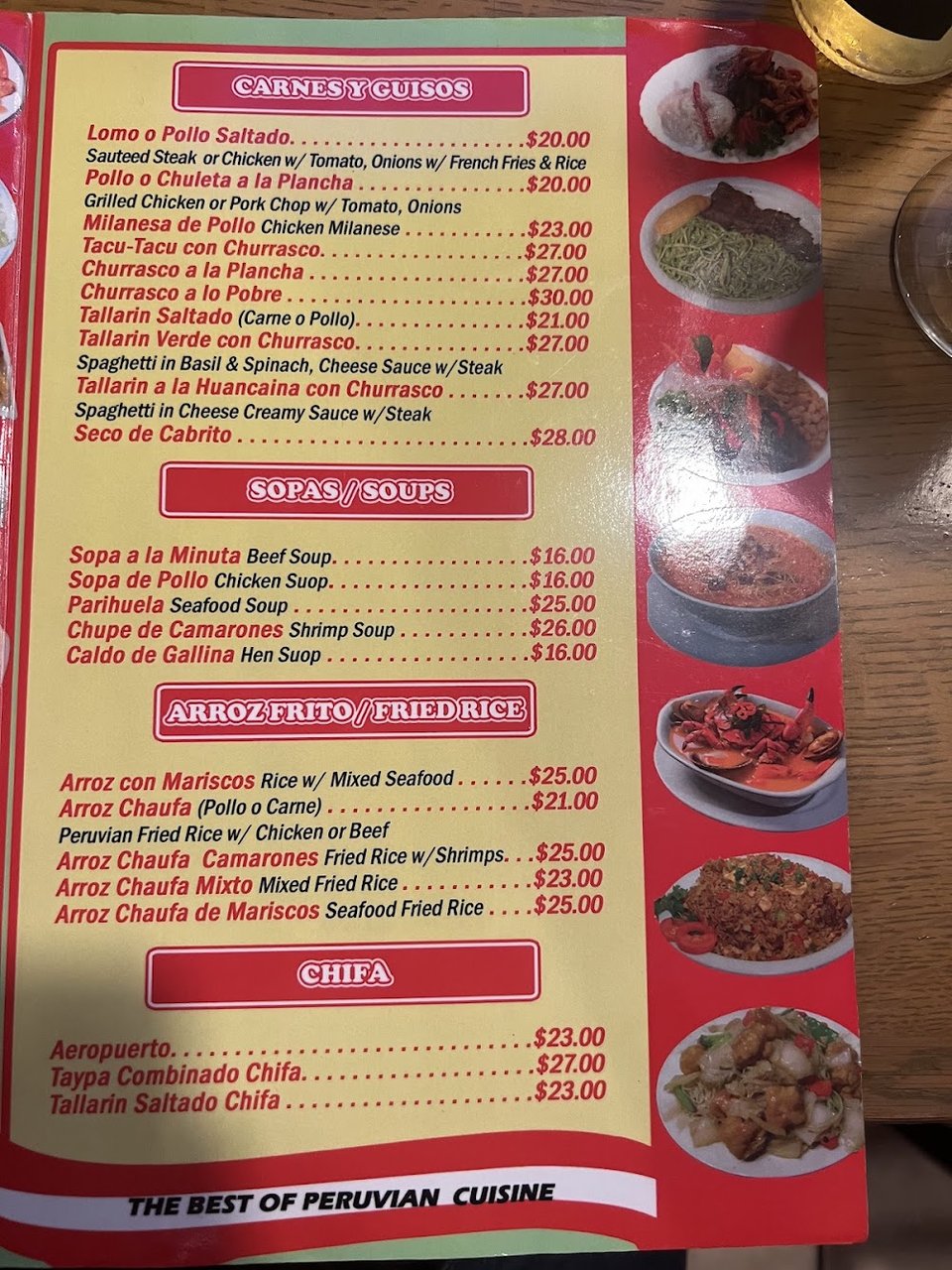 Printed menu showing ceviche and chicken plates.