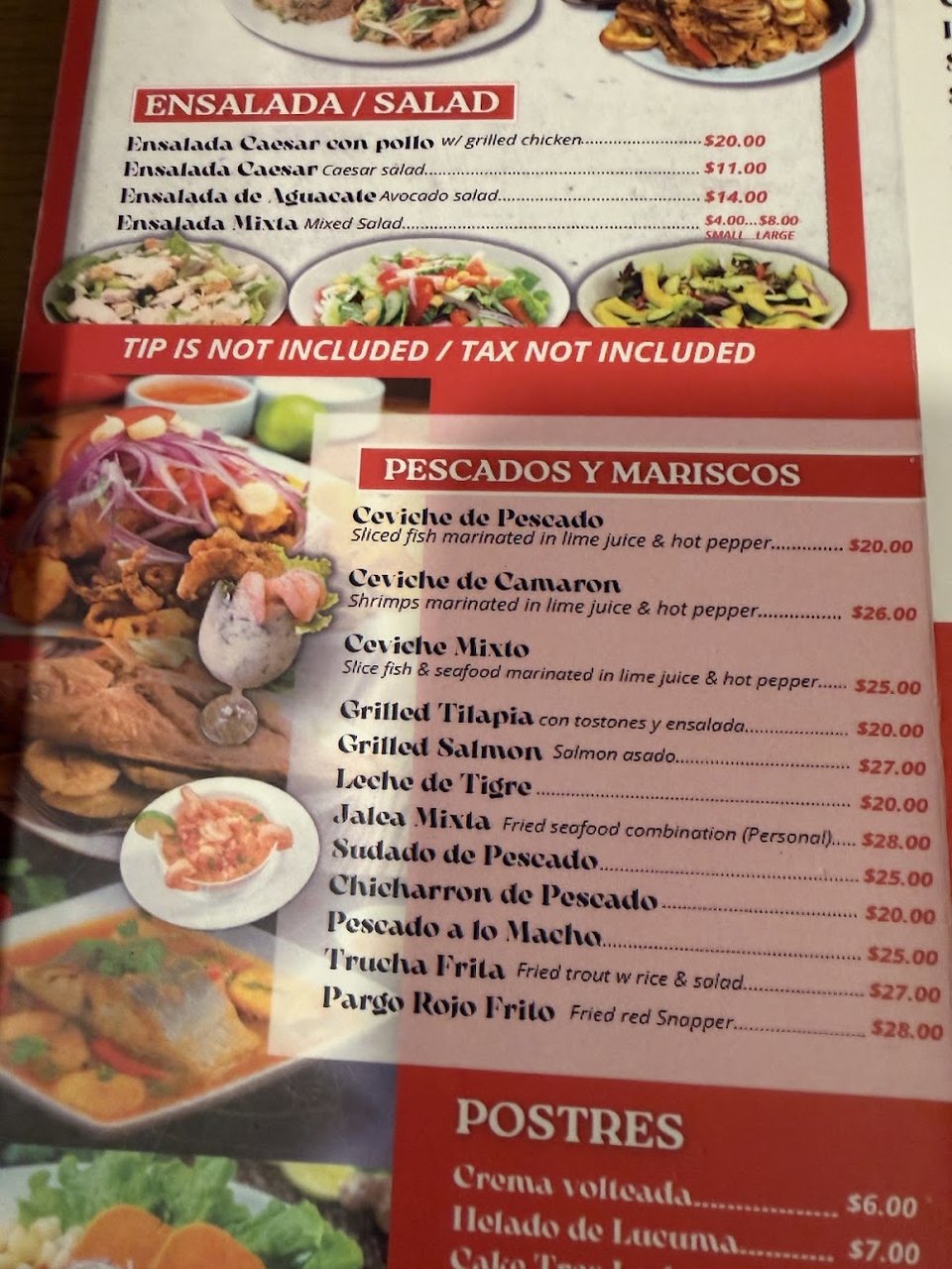 Menu layout with desserts, soups, and beverages.